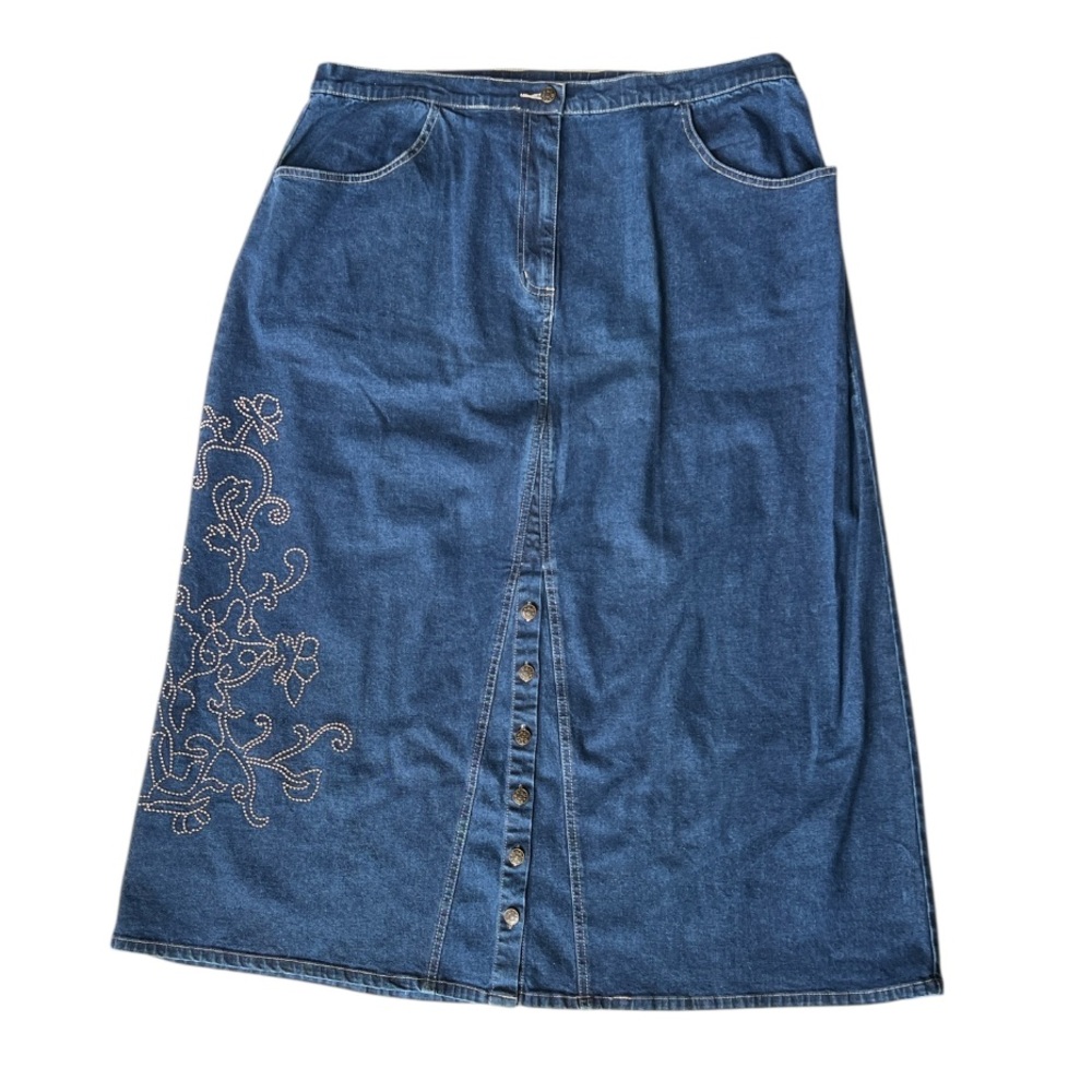 Denim&Co 90’s Style Blue Pencil Jean Skirt w Embroidery Stretch Cotton Sz 20W